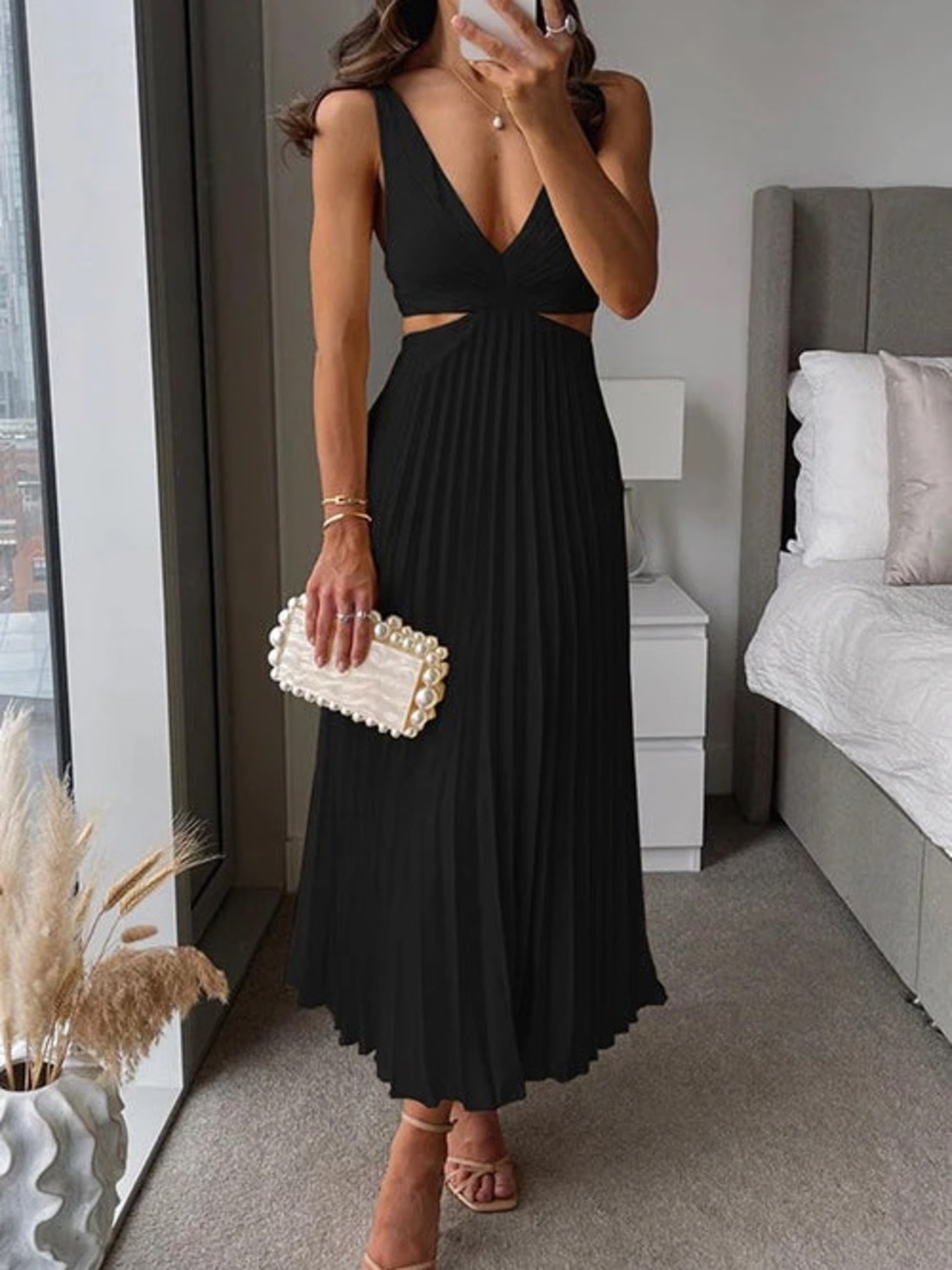 Elegant Black Pleated Cutout Midi Dress